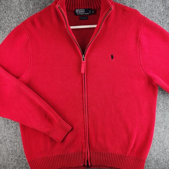 Polo Ralph Lauren Full Zip XL Red Knit Blue Pony Logo Cotton Men Jacket Sweater - Picture 4 of 15